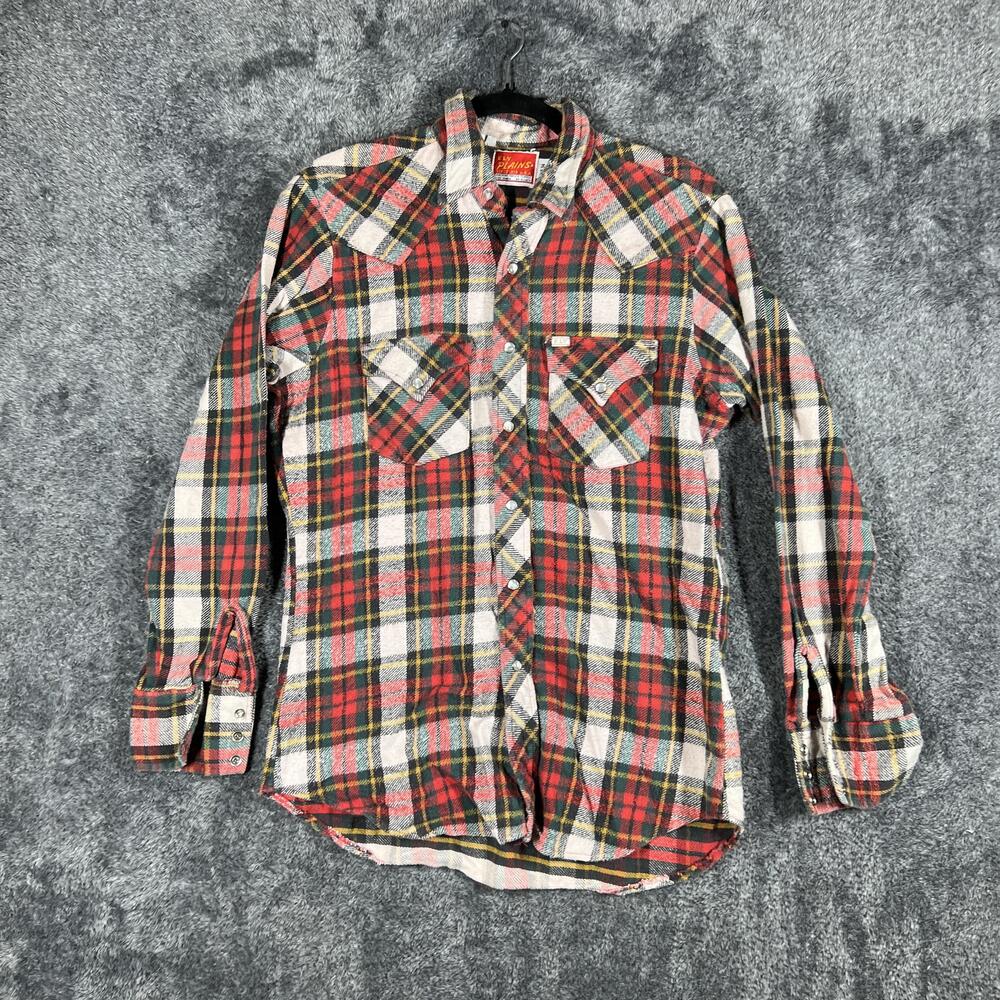 Ely Plains Shirt Mens 34 Red Long Sleeve Snap Front Flannel Cotton Plaid